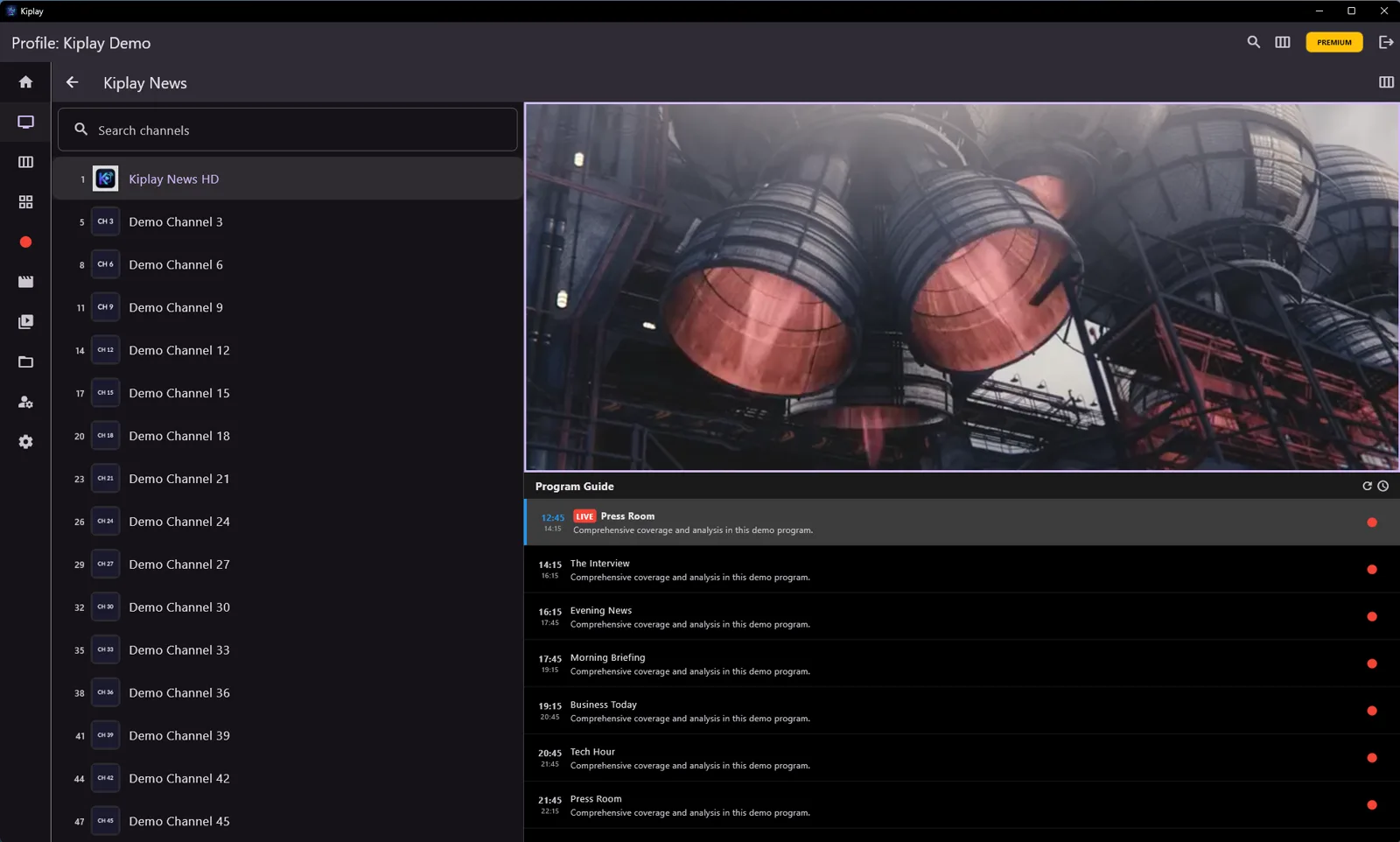 Kiplay Live TV split view with channel list, player and programme guide