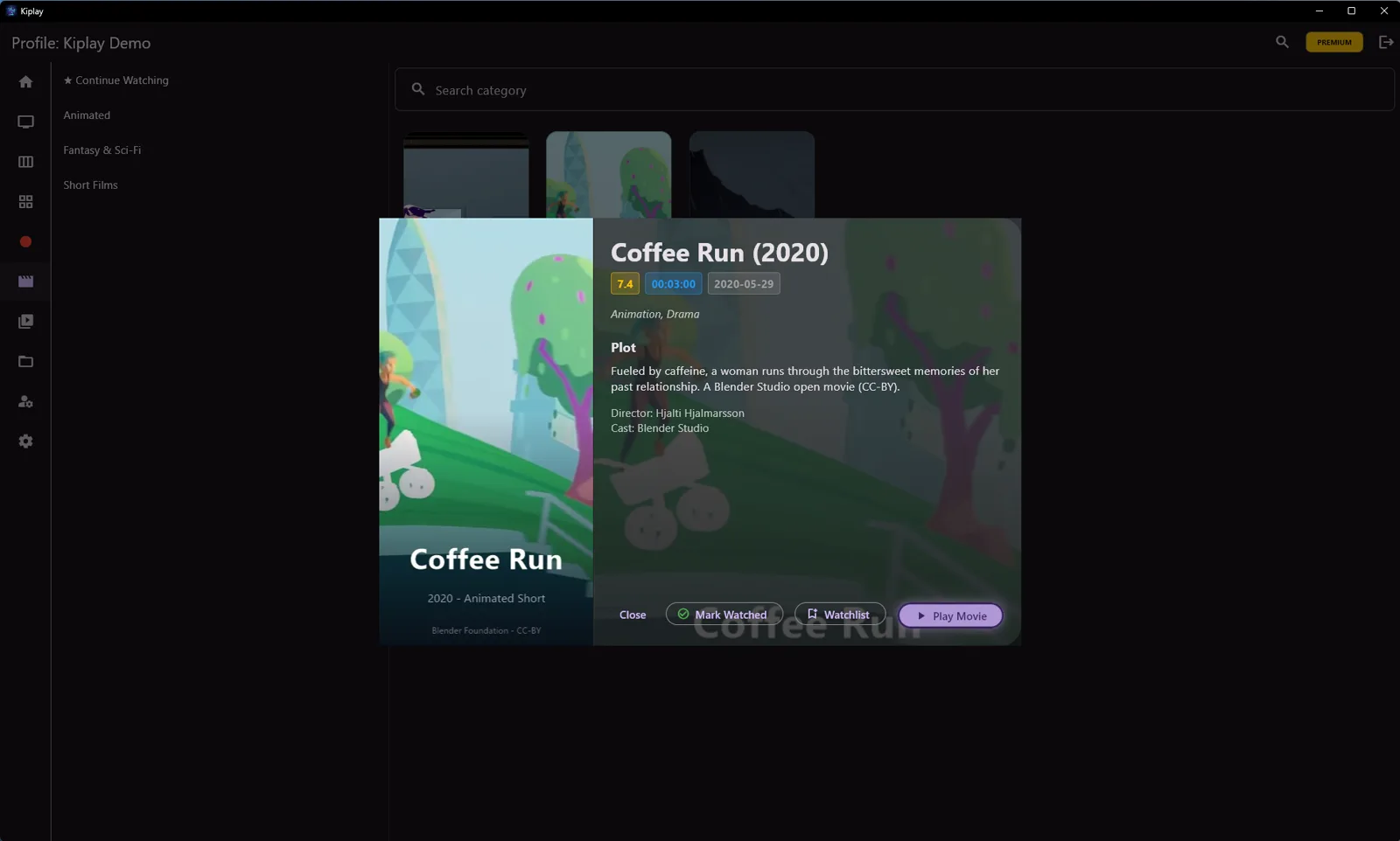 Kiplay movie detail dialog with rating, plot and play button