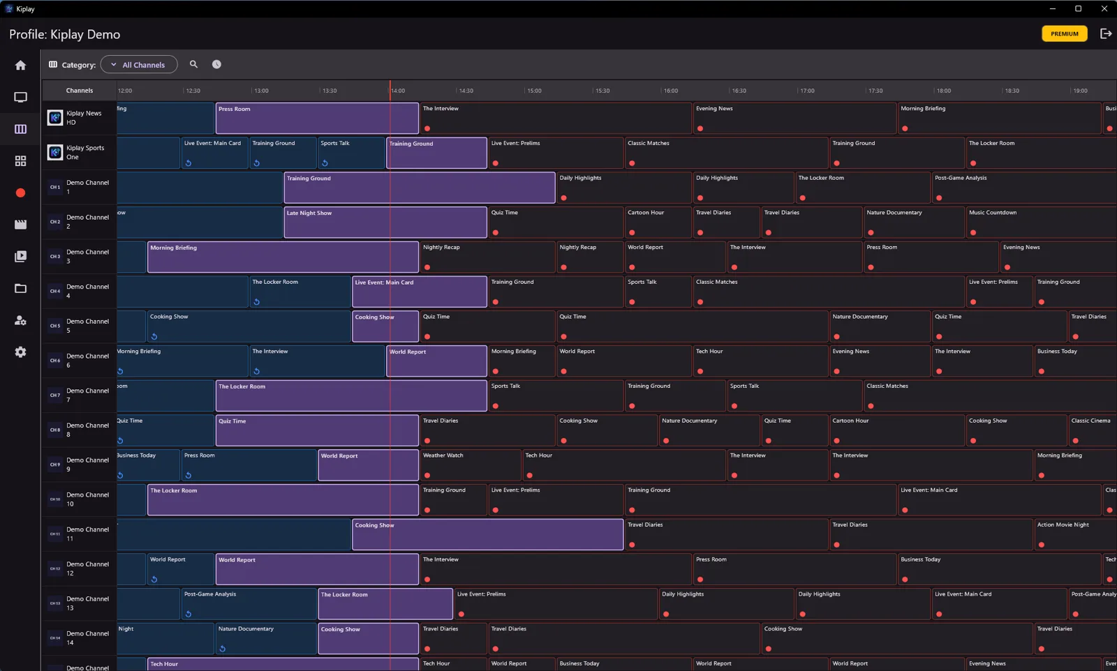 Kiplay TV Guide grid with programmes across all channels